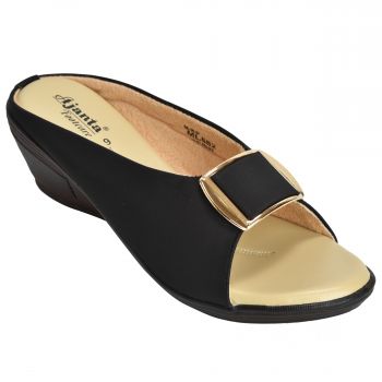 Ajanta Women's Classy Sandal Slippers - Black & Beige ML0682